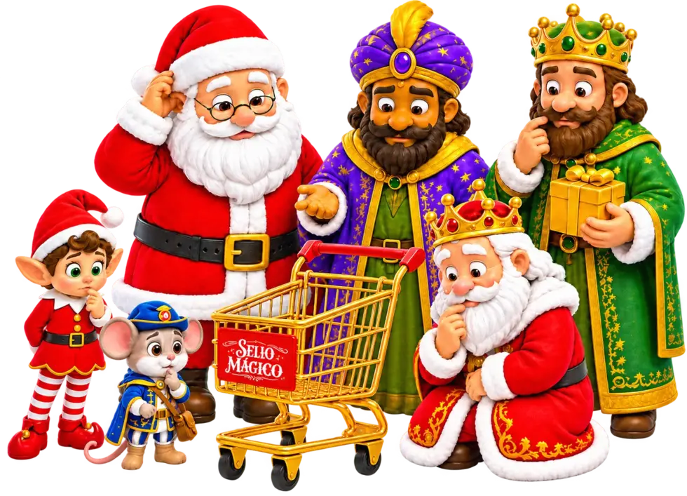 Papá Noel, los Reyes Magos, el Elfo travieso y el Ratoncito Pérez junto al carrito mágico