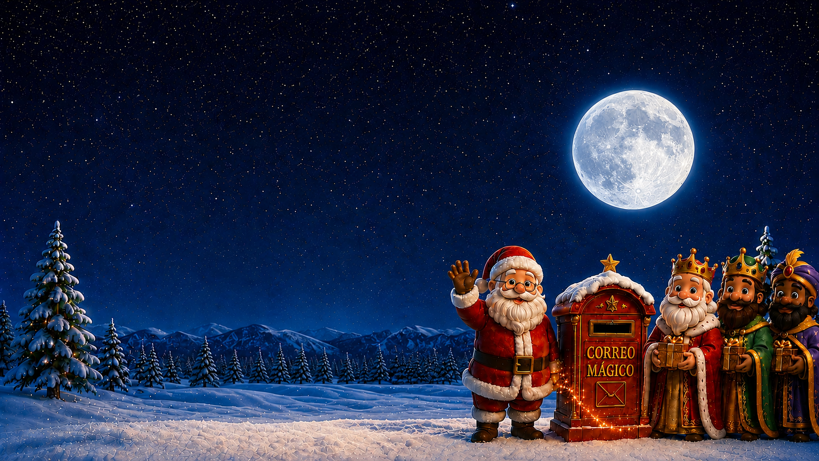 Papá Noel, SelloMágico y los tres Reyes Magos en un paisaje nevado