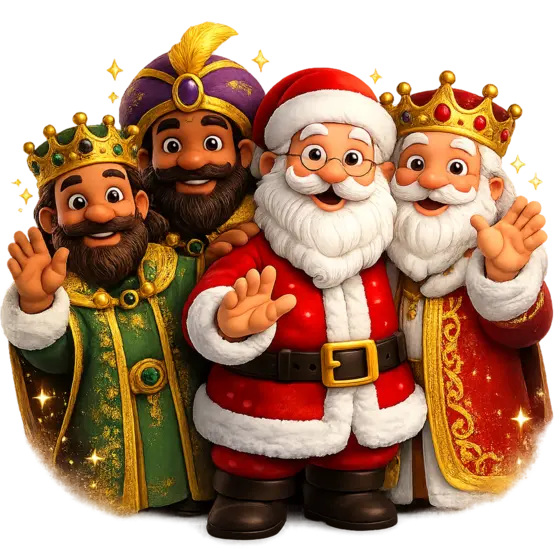 Papá Noel y los Reyes Magos juntos saludando