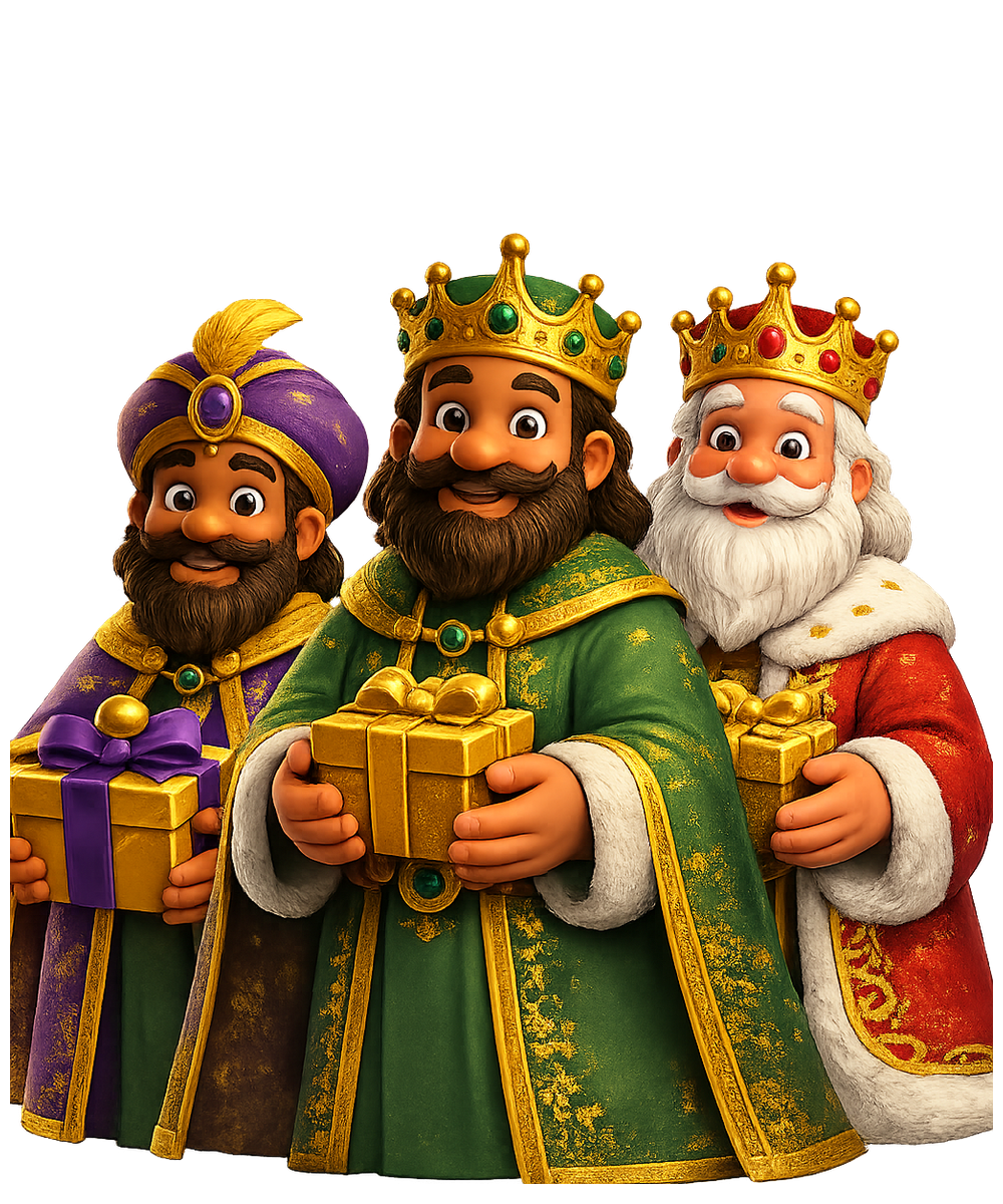 Los tres Reyes Magos juntos con regalos